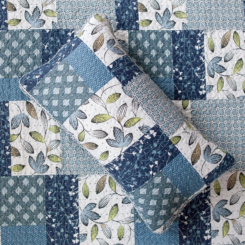 SLPR Pacific Coast 3-Piece Quilt Set - King Size with 2 Shams, Lightweight Quilted Bedspread, Blue and White Floral Patchwork Design, Soft All-Season Bedding for Farmhouse and Bohemian Decor - Image 3
